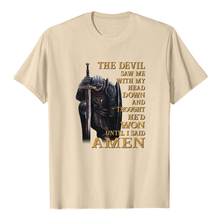 T-shirt classique imprimé « Guerrier agenouillé, le diable pensait avoir gagné jusqu'à ce que je dise Amen » de Christianartworkshop - Beige - 2XL - image 4