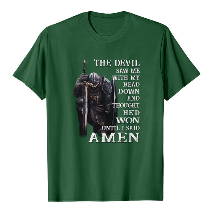 T-shirt classique imprimé « Guerrier agenouillé, le diable pensait avoir gagné jusqu'à ce que je dise Amen » de Christianartworkshop - Vert foncé - 2XL - image 6