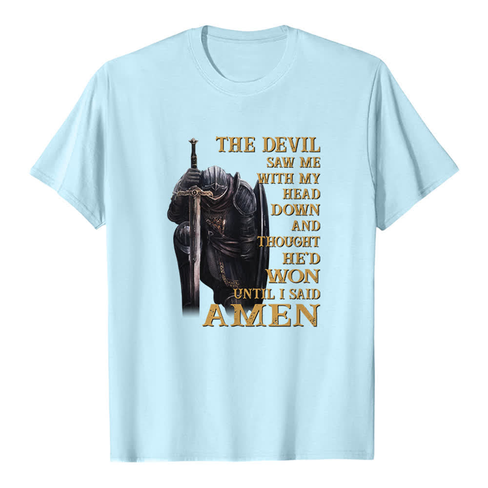 T-shirt classique imprimé « Guerrier agenouillé, le diable pensait avoir gagné jusqu'à ce que je dise Amen » de Christianartworkshop - Bleu - 2XL - image 8