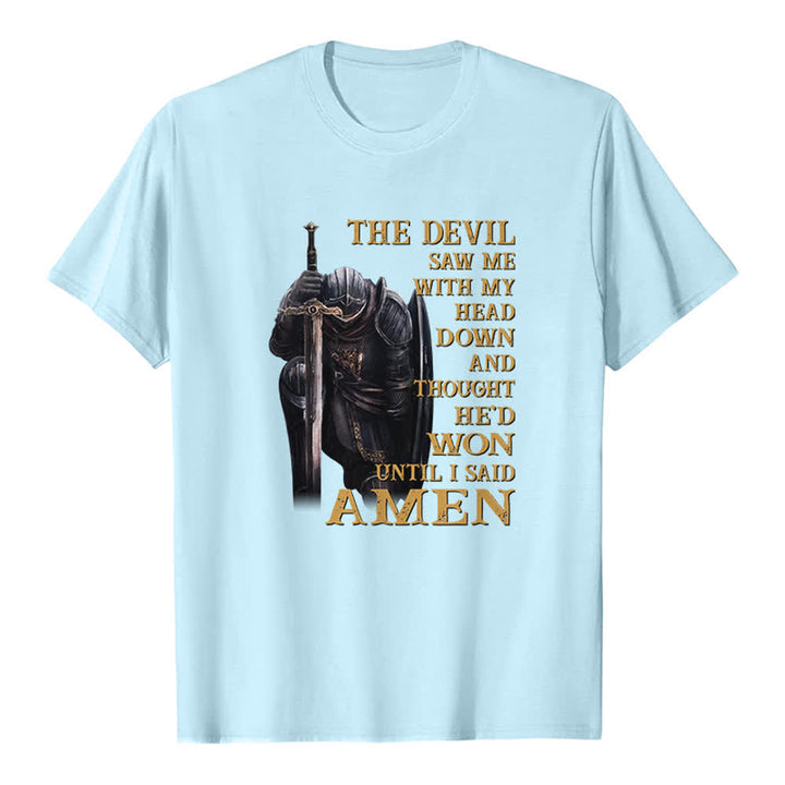 T-shirt classique imprimé « Guerrier agenouillé, le diable pensait avoir gagné jusqu'à ce que je dise Amen » de Christianartworkshop - Bleu - 2XL - image 8