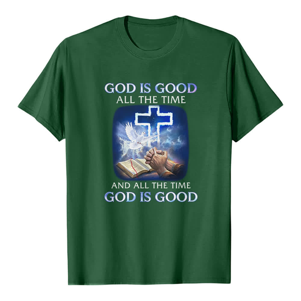 Christianartworkshop T-shirt classique avec imprimé biblique « Dieu est bon en tout temps » et croix et colombe - Vert foncé - 2XL - image 7