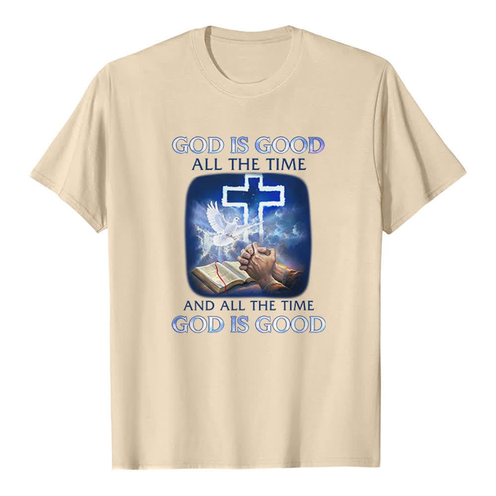 Christianartworkshop T-shirt classique avec imprimé biblique « Dieu est bon en tout temps » et croix et colombe - Beige - 2XL - image 5