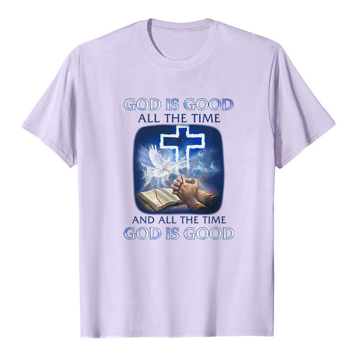 Christianartworkshop T-shirt classique avec imprimé biblique « Dieu est bon en tout temps » et croix et colombe - Violet - 2XL - image 1