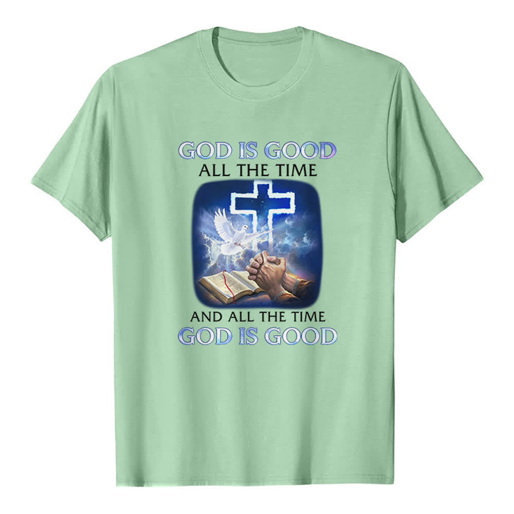Christianartworkshop T-shirt classique avec imprimé biblique « Dieu est bon en tout temps » et croix et colombe - Vert clair - 2XL - image 2