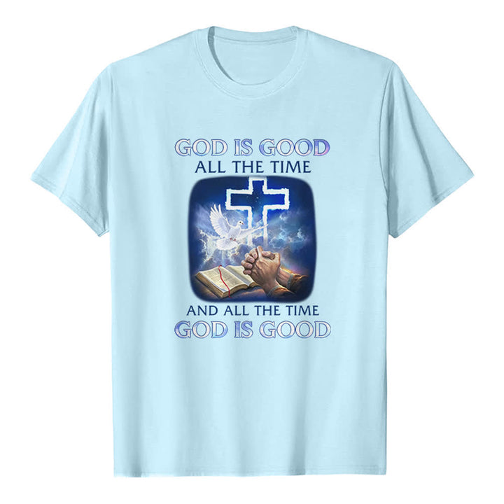 Christianartworkshop T-shirt classique avec imprimé biblique « Dieu est bon en tout temps » et croix et colombe - Bleu - 2XL - image 0
