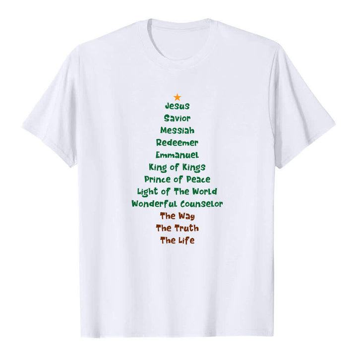 T-shirt classique Christianartworkshop imprimé recto-verso avec les noms de Jésus et des lettres sur un sapin de Noël - Blanc - 2XL - image 6