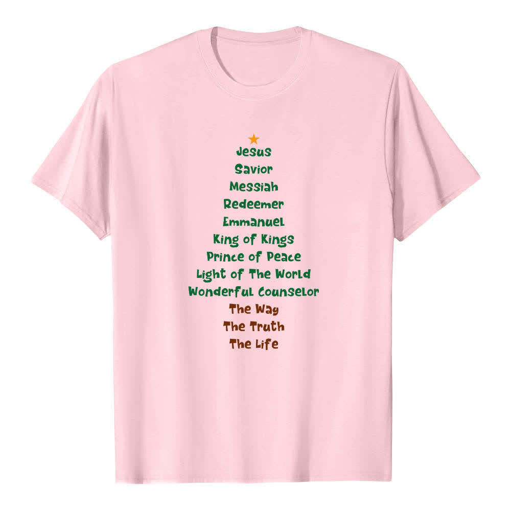 T-shirt classique Christianartworkshop imprimé recto-verso avec les noms de Jésus et des lettres sur un sapin de Noël - Rose - 2XL - image 5