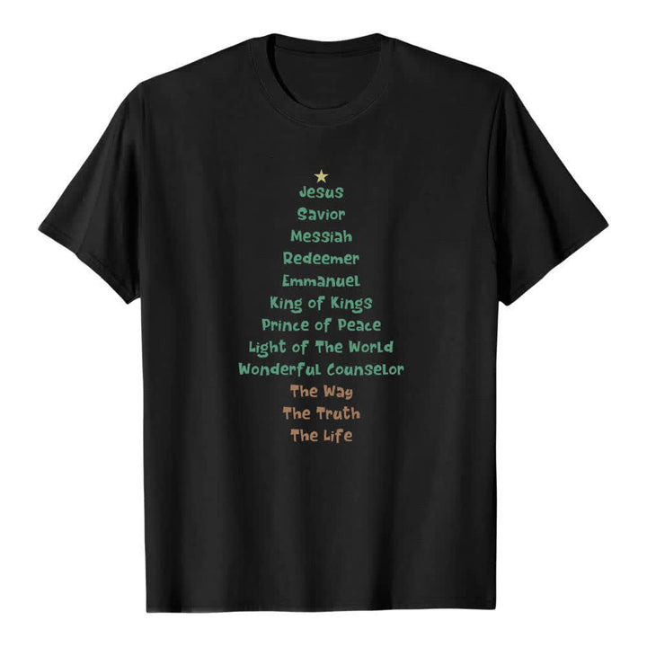 T-shirt classique Christianartworkshop imprimé recto-verso avec les noms de Jésus et des lettres sur un sapin de Noël - Noir - 2XL - image 1