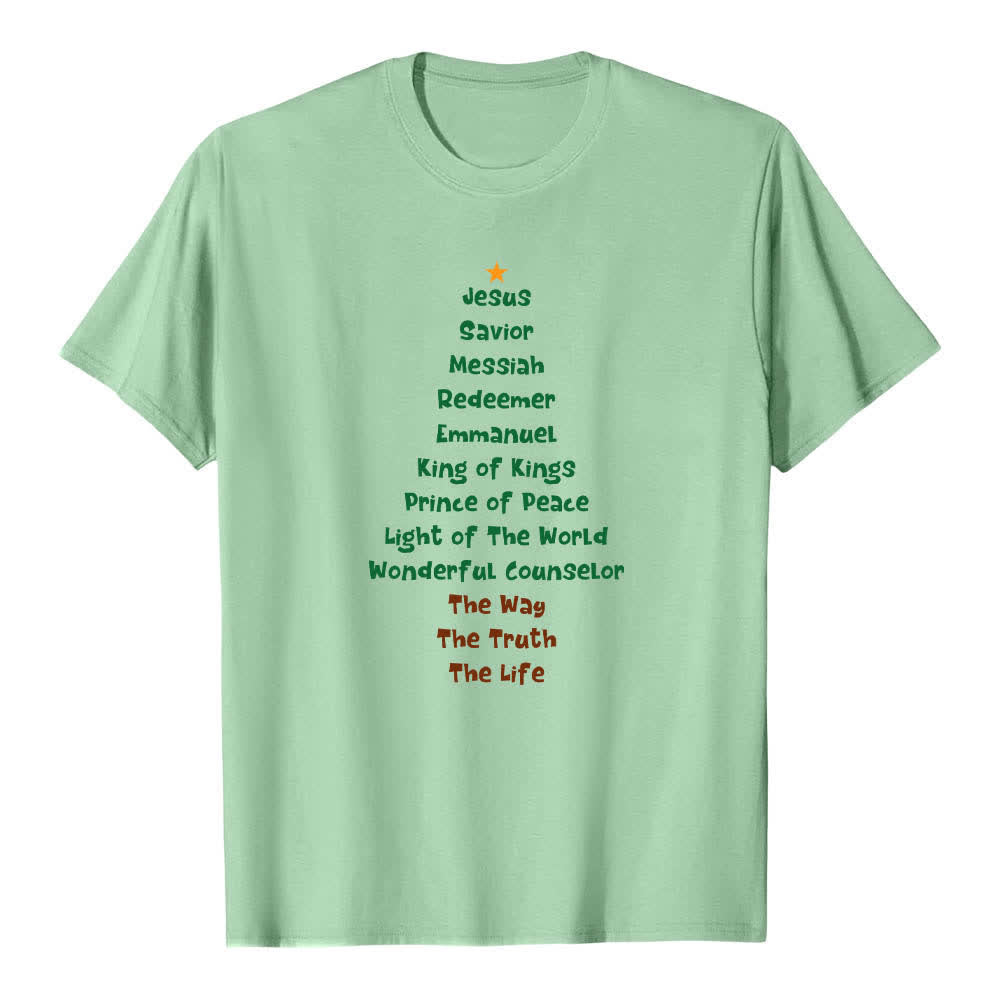 T-shirt classique Christianartworkshop imprimé recto-verso avec les noms de Jésus et des lettres sur un sapin de Noël - Vert clair - 2XL - image 4