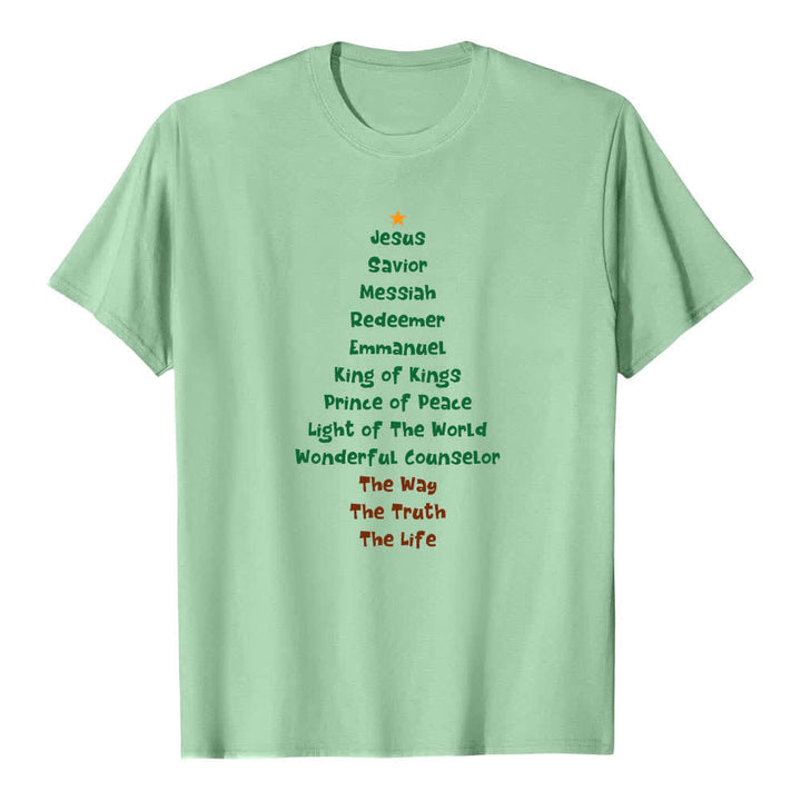 T-shirt classique Christianartworkshop imprimé recto-verso avec les noms de Jésus et des lettres sur un sapin de Noël - Vert clair - 2XL - image 4
