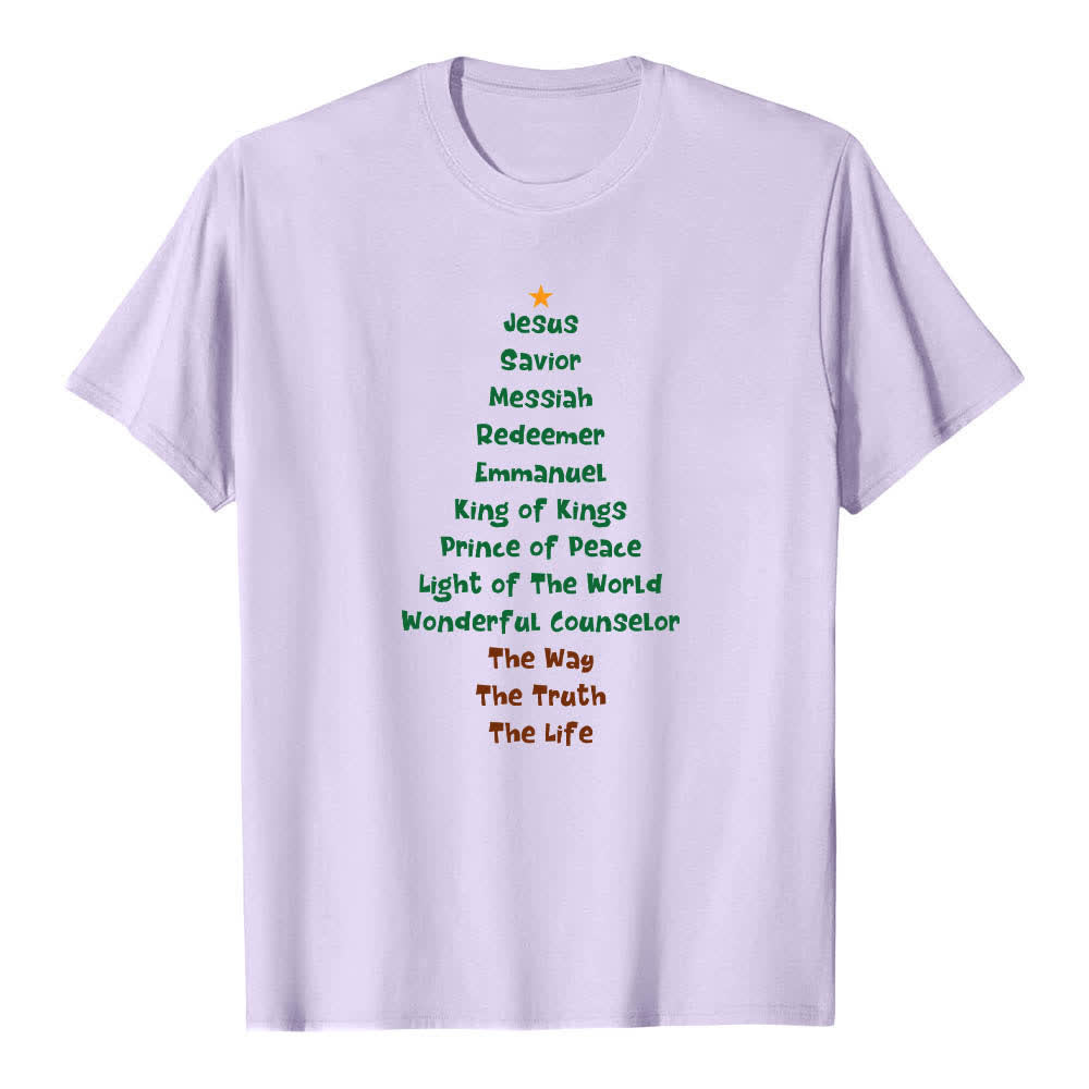 T-shirt classique Christianartworkshop imprimé recto-verso avec les noms de Jésus et des lettres sur un sapin de Noël - Violet - 2XL - image 3