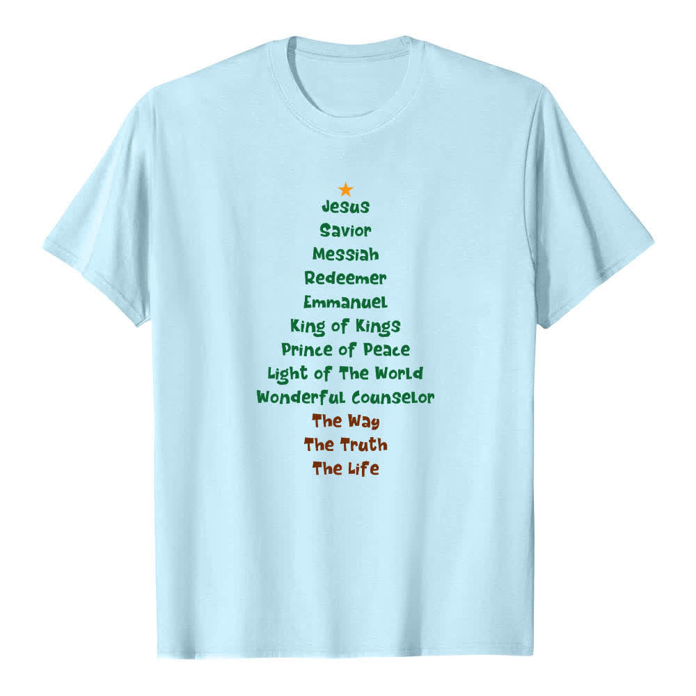 T-shirt classique Christianartworkshop imprimé recto-verso avec les noms de Jésus et des lettres sur un sapin de Noël - Bleu - 2XL - image 2