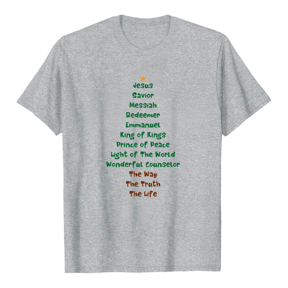 T-shirt classique Christianartworkshop imprimé recto-verso avec les noms de Jésus et des lettres sur un sapin de Noël - Gris - 2XL - image 8