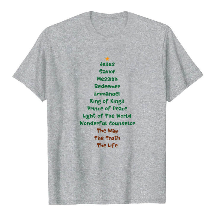 T-shirt classique Christianartworkshop imprimé recto-verso avec les noms de Jésus et des lettres sur un sapin de Noël - Gris - 2XL - image 8