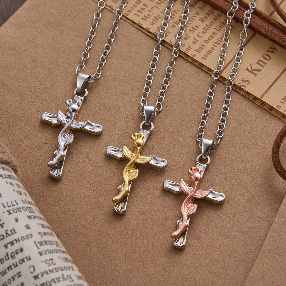 Christianartworkshop Collier pendentif croix en alliage avec motif de vigne rose - image 0