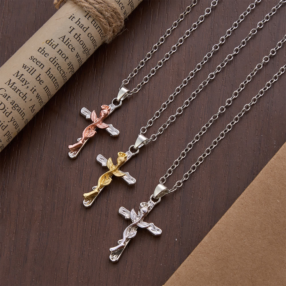 Christianartworkshop Collier pendentif croix en alliage avec motif de vigne rose - image 1