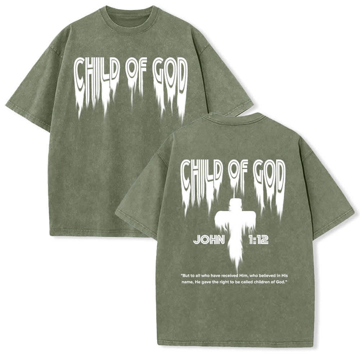 Christianartworkshop T-shirt délavé avec imprimé lettres vieillies « Enfant de Dieu Jean 1:12 » recto-verso - Vert armée - 5XL - image 0