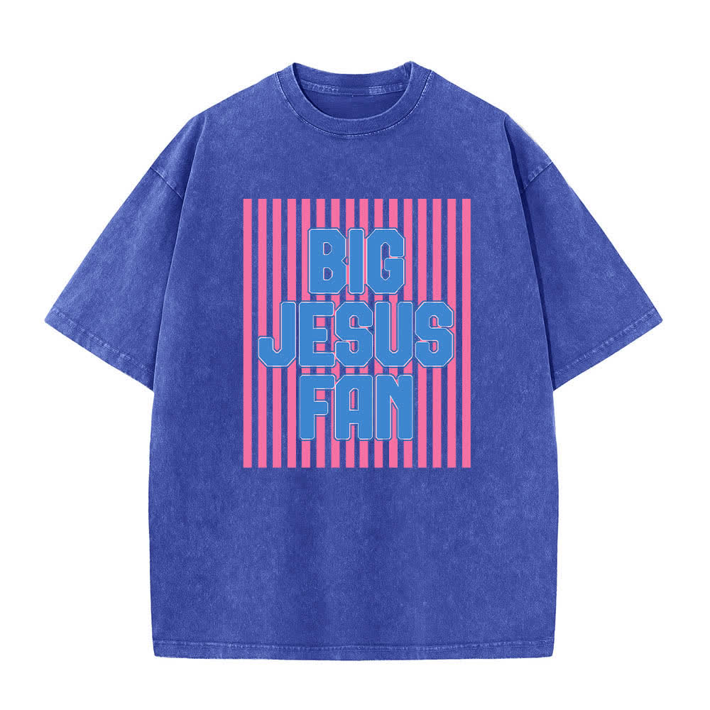T-shirt délavé à rayures avec grand motif Jésus imprimé sur les deux faces, Christianartworkshop - Bleu - 5XL - image 4