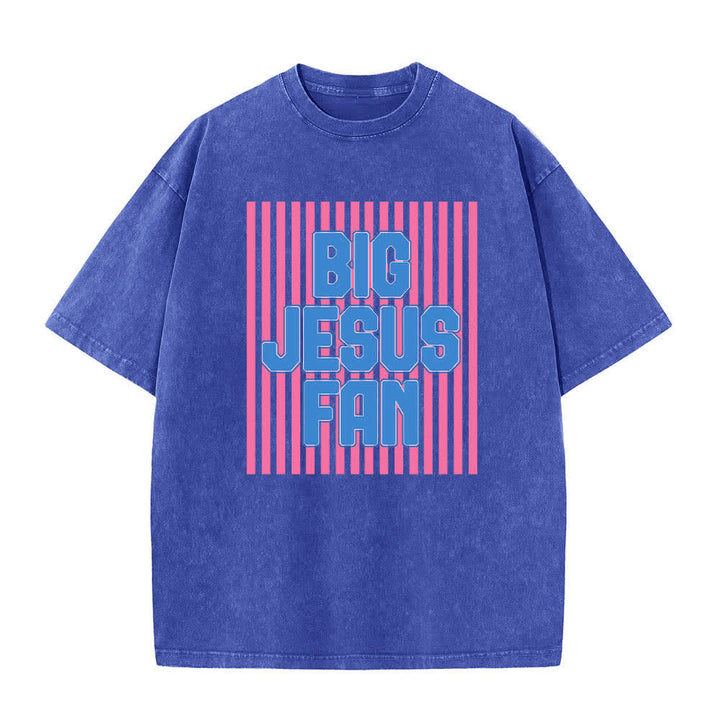 T-shirt délavé à rayures avec grand motif Jésus imprimé sur les deux faces, Christianartworkshop - Bleu - 5XL - image 4
