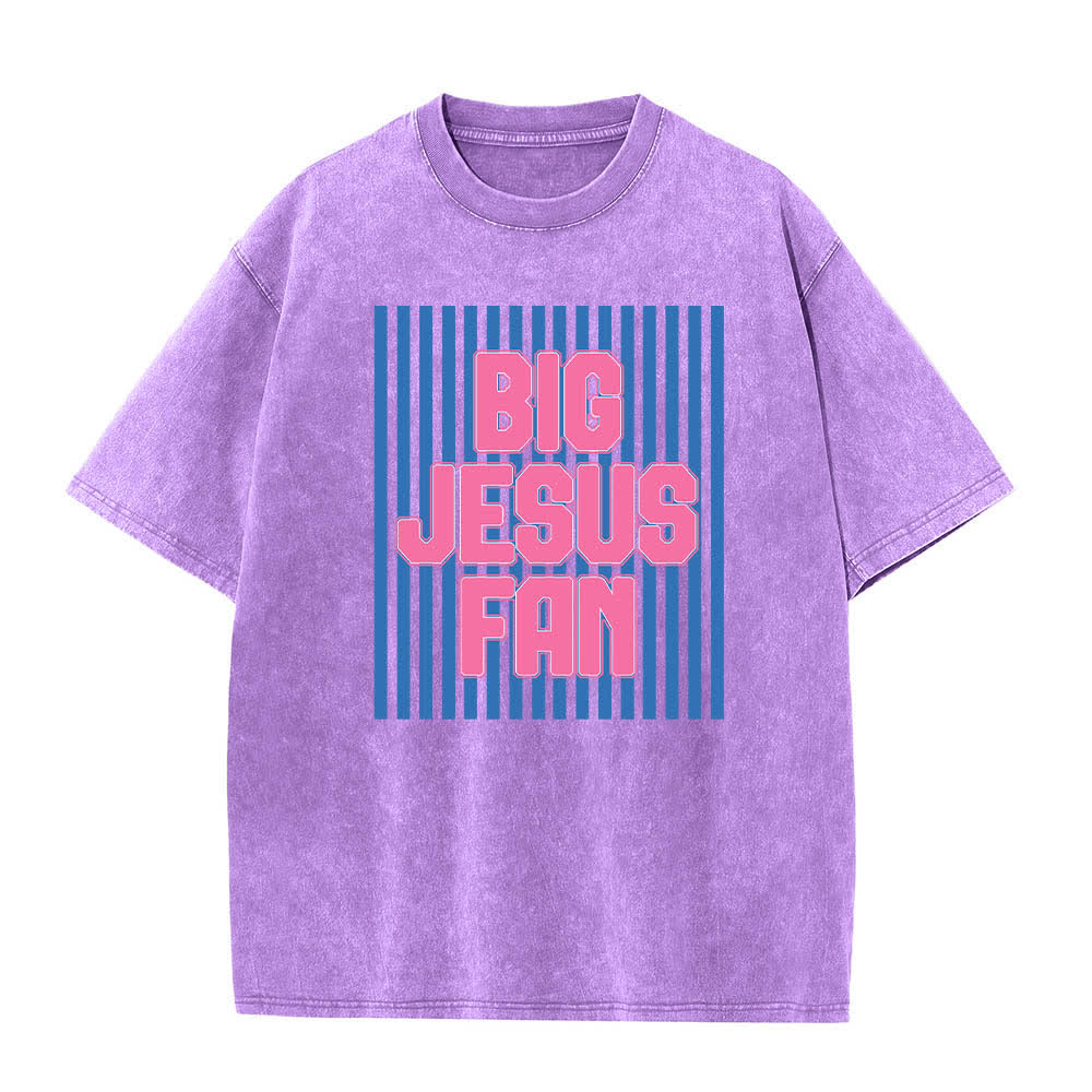 T-shirt délavé à rayures avec grand motif Jésus imprimé sur les deux faces, Christianartworkshop - Violet - 5XL - image 1
