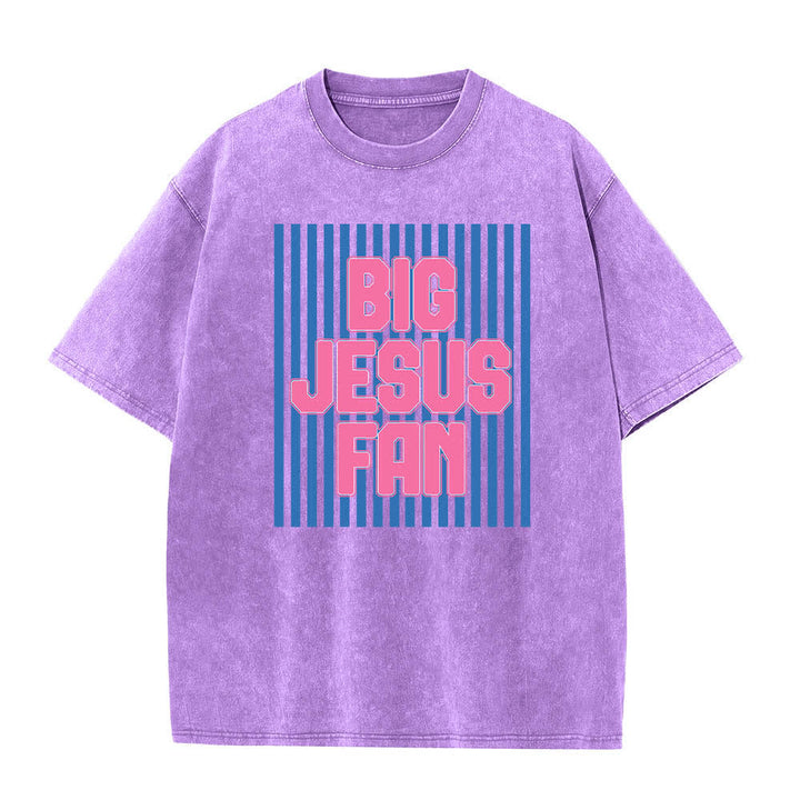 T-shirt délavé à rayures avec grand motif Jésus imprimé sur les deux faces, Christianartworkshop - Violet - 5XL - image 1