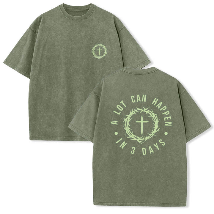 Christianartworkshop T-shirt délavé à imprimé double face « Il peut se passer beaucoup de choses en 3 jours » avec couronne d'épines et lettres croisées - Vert armée - 5XL - image 12