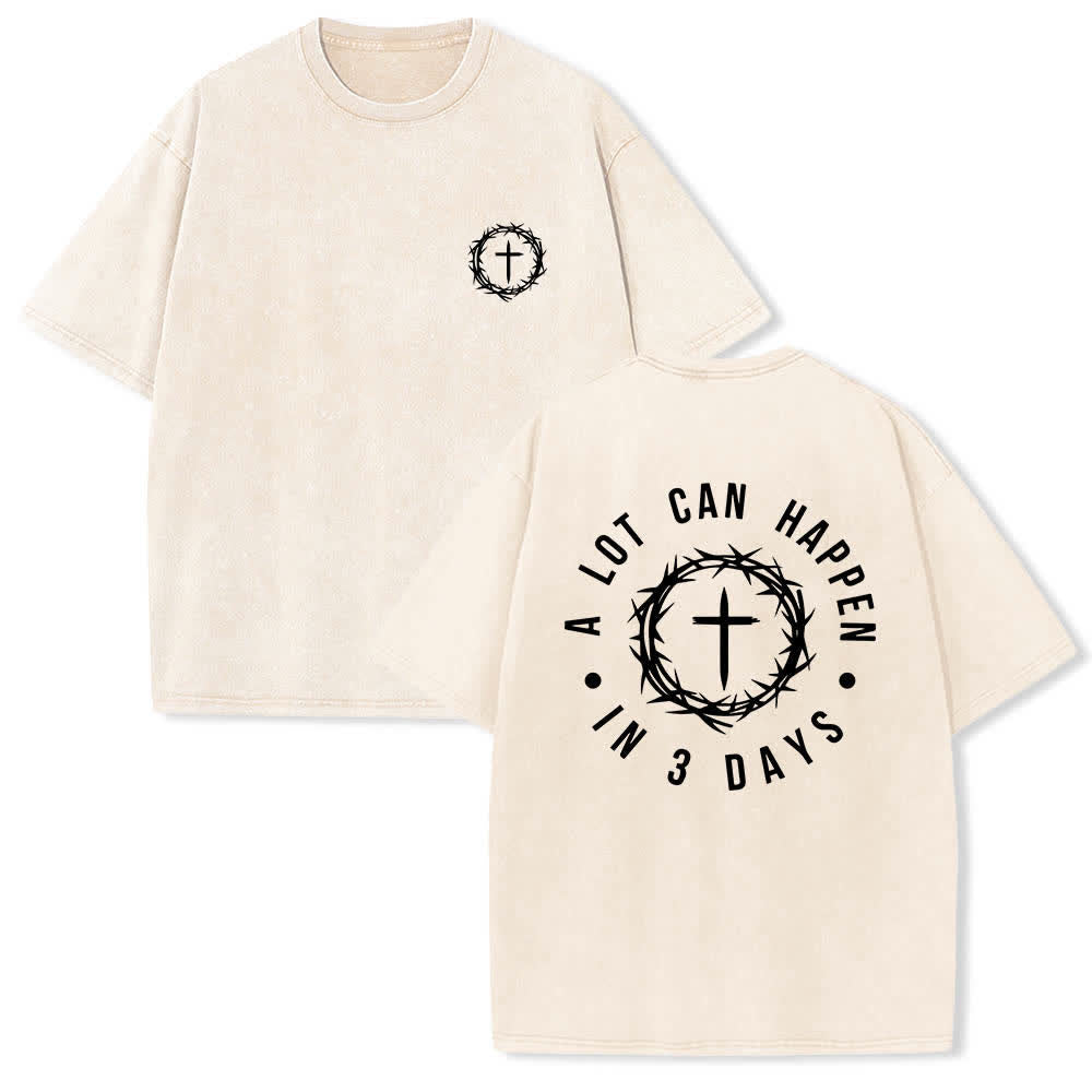 Christianartworkshop T-shirt délavé à imprimé double face « Il peut se passer beaucoup de choses en 3 jours » avec couronne d'épines et lettres croisées - Beige - 5XL - image 3
