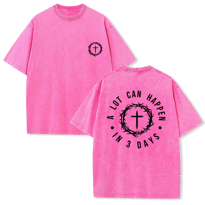 Christianartworkshop T-shirt délavé à imprimé double face « Il peut se passer beaucoup de choses en 3 jours » avec couronne d'épines et lettres croisées - Rose - 5XL - image 9