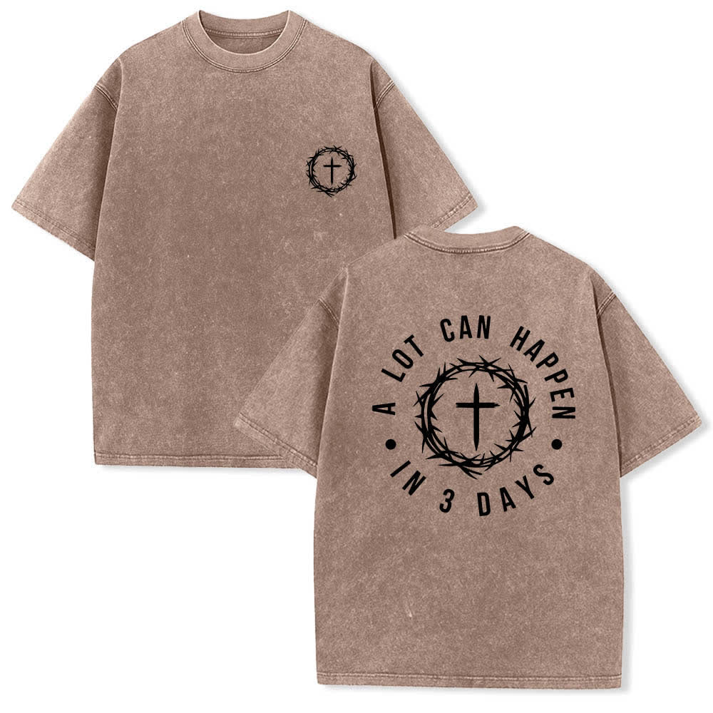 Christianartworkshop T-shirt délavé à imprimé double face « Il peut se passer beaucoup de choses en 3 jours » avec couronne d'épines et lettres croisées - Brun - 5XL - image 18