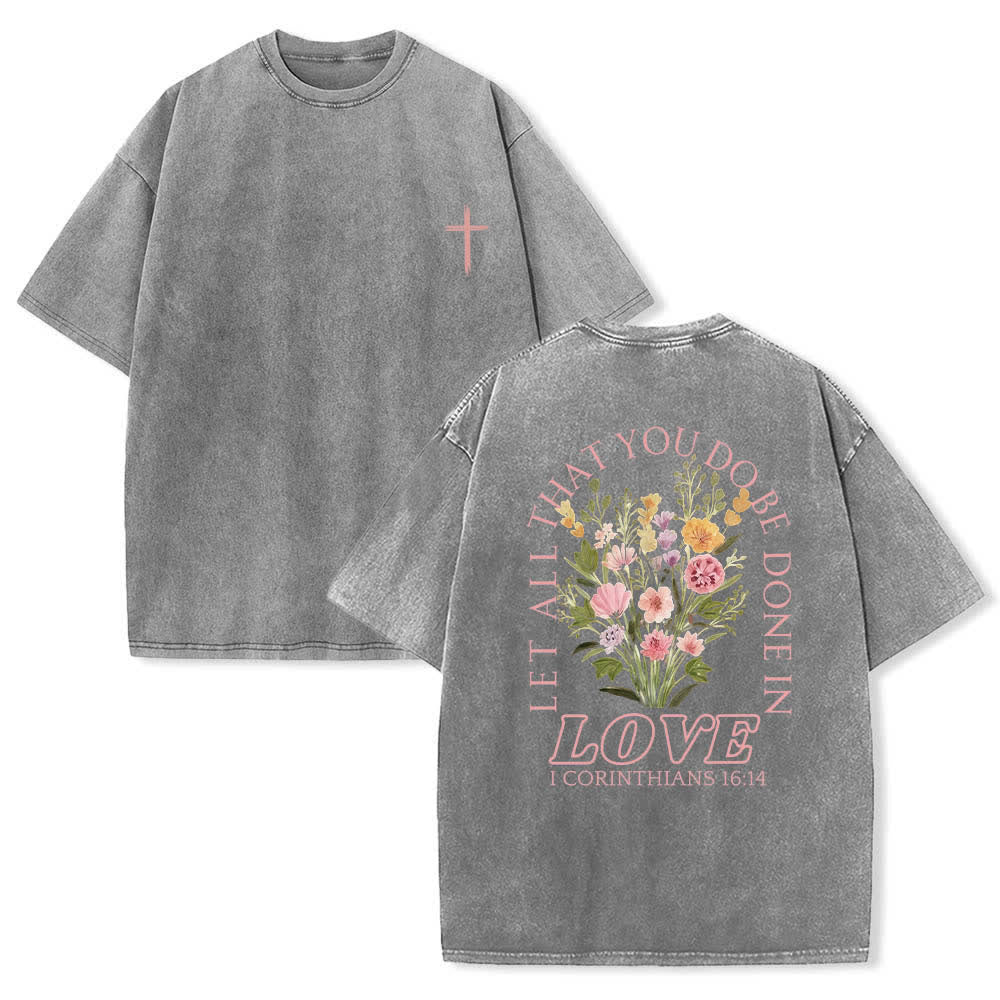 Christianartworkshop T-shirt délavé à imprimé floral et lettres croisées double face « Que tout ce que vous faites soit fait avec amour » - Gris - 5XL - image 24
