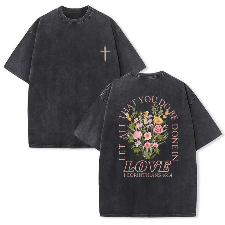 Christianartworkshop T-shirt délavé à imprimé floral et lettres croisées double face « Que tout ce que vous faites soit fait avec amour » - Noir - 5XL - image 3