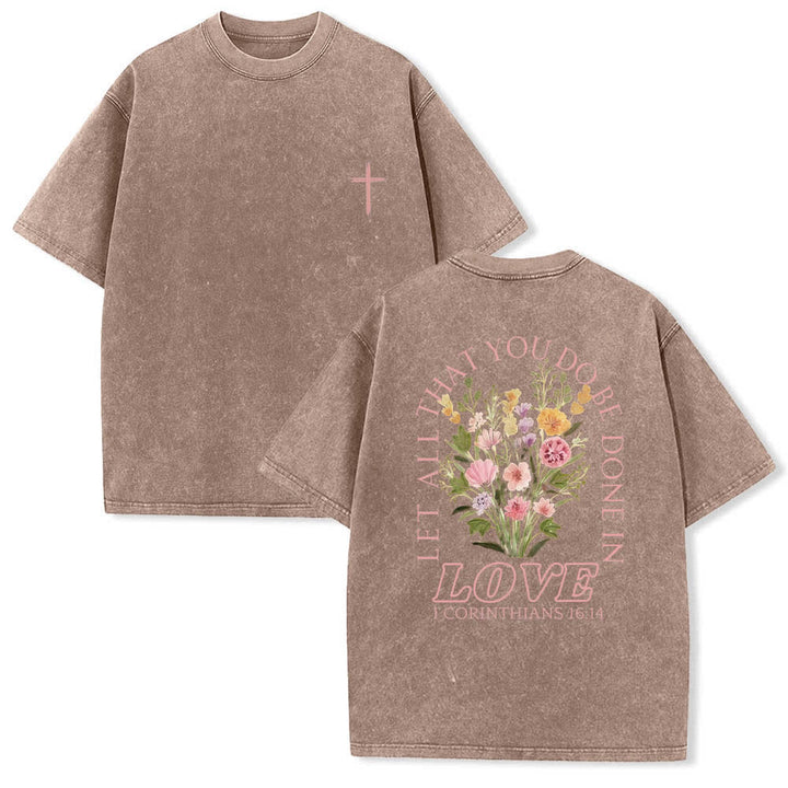 Christianartworkshop T-shirt délavé à imprimé floral et lettres croisées double face « Que tout ce que vous faites soit fait avec amour » - Brun - 5XL - image 21