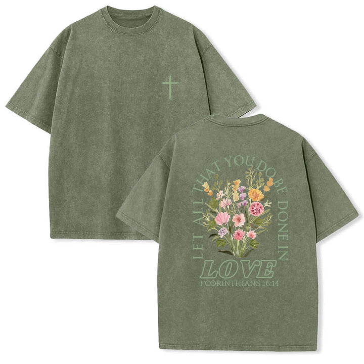 Christianartworkshop T-shirt délavé à imprimé floral et lettres croisées double face « Que tout ce que vous faites soit fait avec amour » - Vert armée - 5XL - image 15
