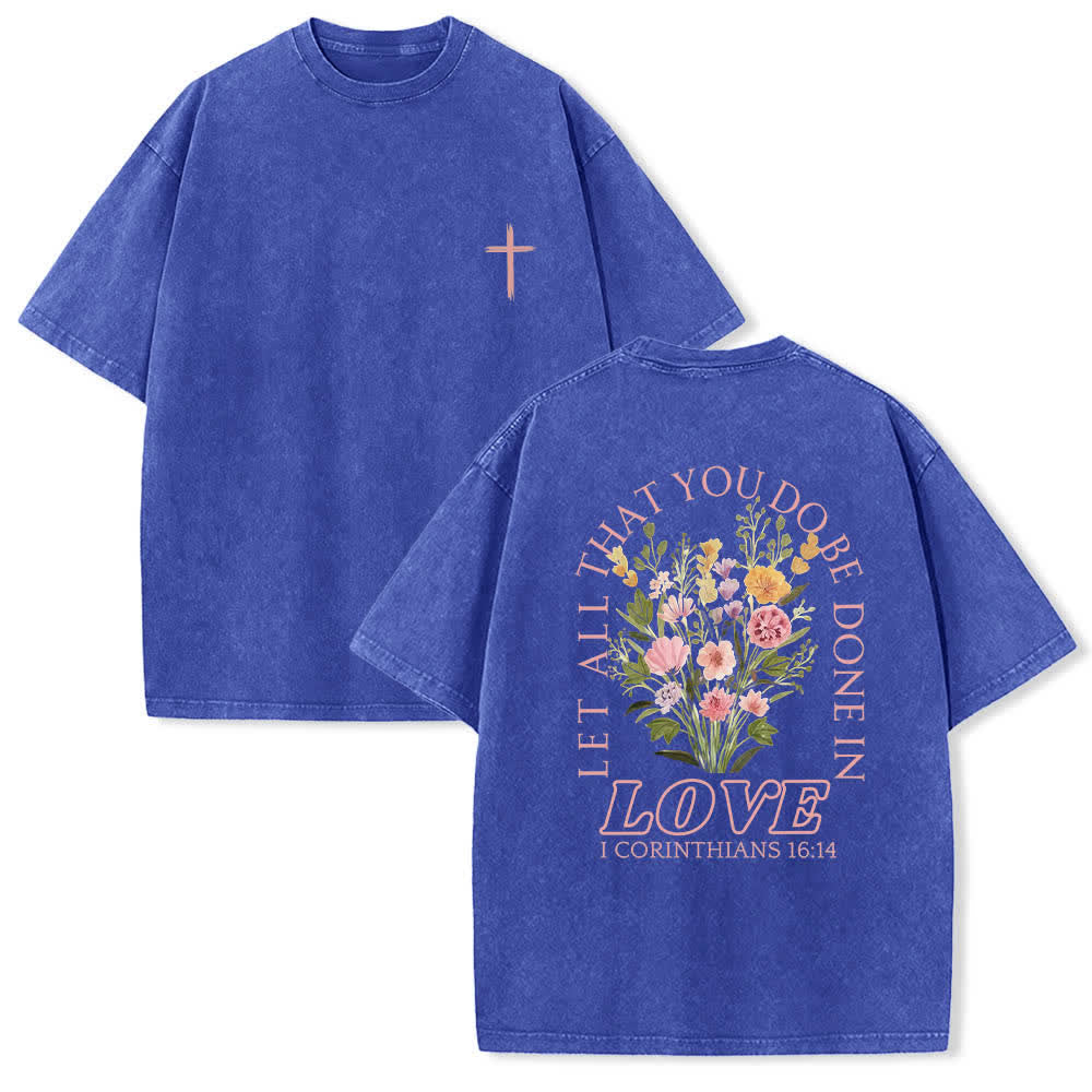 Christianartworkshop T-shirt délavé à imprimé floral et lettres croisées double face « Que tout ce que vous faites soit fait avec amour » - Bleu - 5XL - image 18