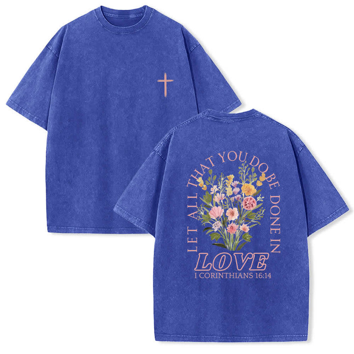 Christianartworkshop T-shirt délavé à imprimé floral et lettres croisées double face « Que tout ce que vous faites soit fait avec amour » - Bleu - 5XL - image 18