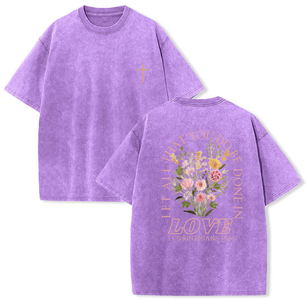 Christianartworkshop T-shirt délavé à imprimé floral et lettres croisées double face « Que tout ce que vous faites soit fait avec amour » - Violet - 5XL - image 9