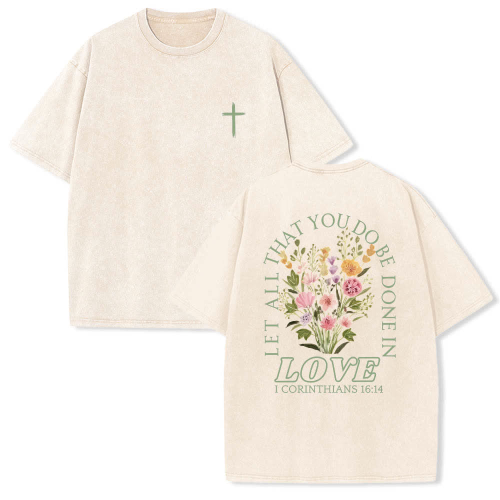 Christianartworkshop T-shirt délavé à imprimé floral et lettres croisées double face « Que tout ce que vous faites soit fait avec amour » - Beige - 5XL - image 6