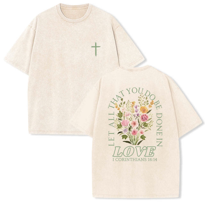 Christianartworkshop T-shirt délavé à imprimé floral et lettres croisées double face « Que tout ce que vous faites soit fait avec amour » - Beige - 5XL - image 6
