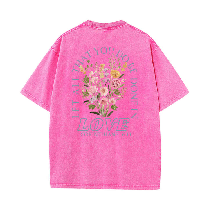 Christianartworkshop T-shirt délavé à imprimé floral et lettres croisées double face « Que tout ce que vous faites soit fait avec amour » - image 13