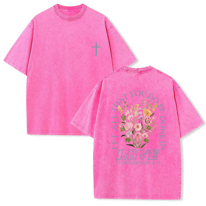 Christianartworkshop T-shirt délavé à imprimé floral et lettres croisées double face « Que tout ce que vous faites soit fait avec amour » - Rose - 5XL - image 12