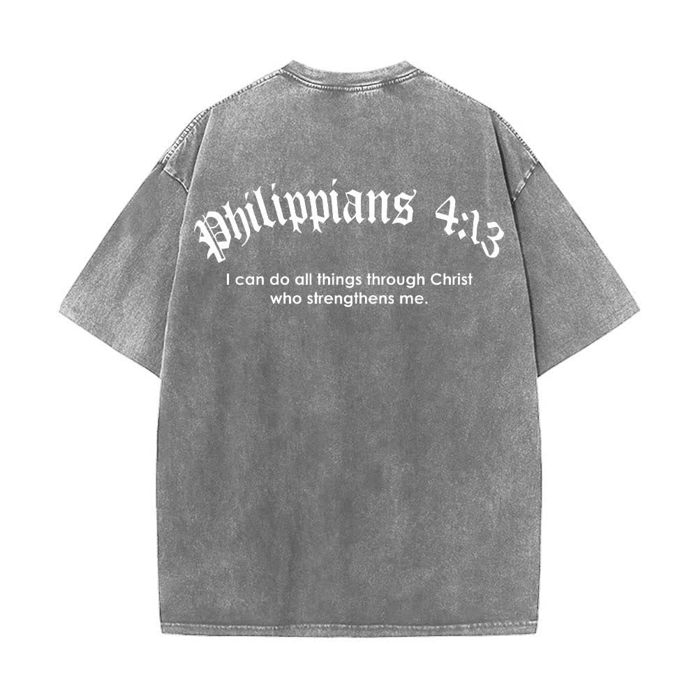 Christianartworkshop T-shirt délavé avec impression recto-verset Philippiens 4:13 et croix - image 1