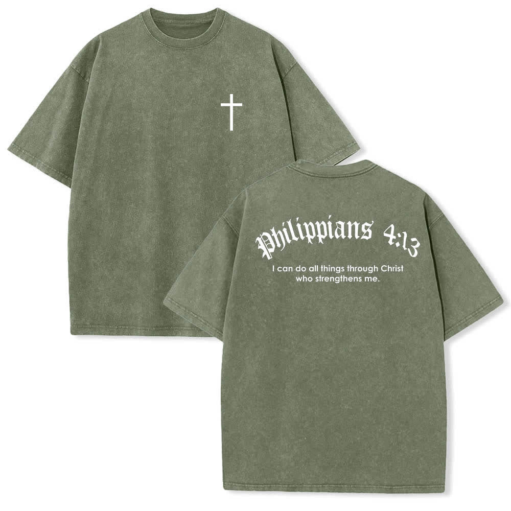 Christianartworkshop T-shirt délavé avec impression recto-verset Philippiens 4:13 et croix - Vert armée - 5XL - image 18
