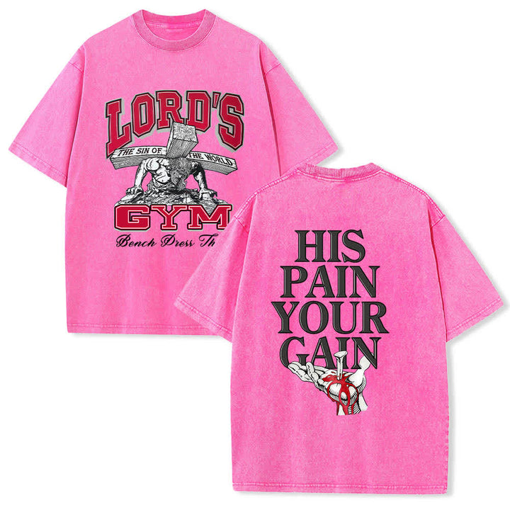 Christianartworkshop T-shirt délavé à imprimé graphique double face Lord's Gym « Sa douleur, ton gain » - Rose - 5XL - image 18