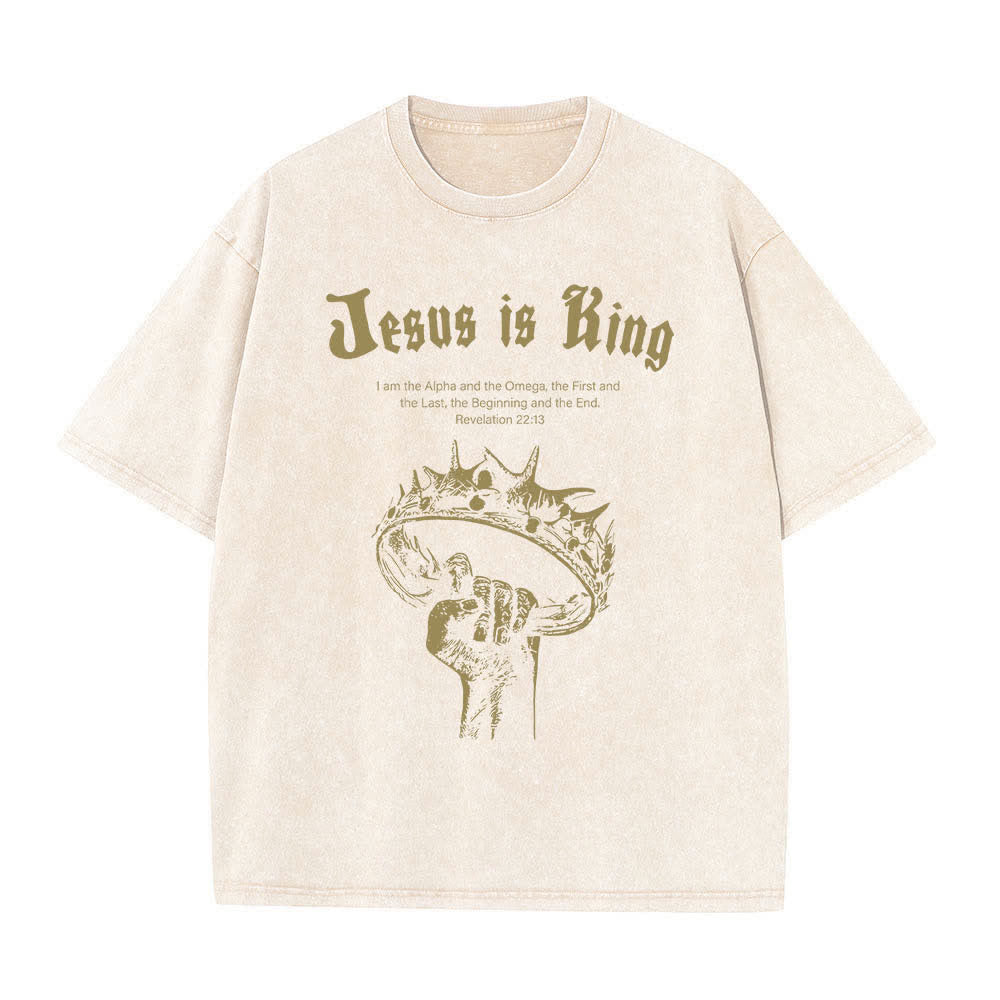 T-shirt délavé Christianartworkshop imprimé recto-verso « Jésus est roi » avec la couronne d'épines et verset biblique - Beige - 5XL - image 5