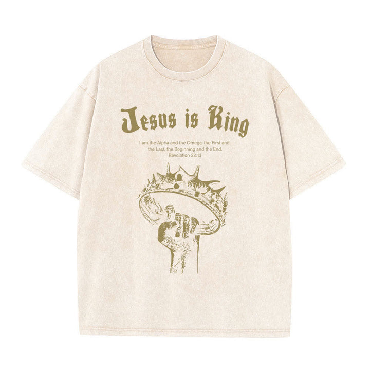 T-shirt délavé Christianartworkshop imprimé recto-verso « Jésus est roi » avec la couronne d'épines et verset biblique - Beige - 5XL - image 5