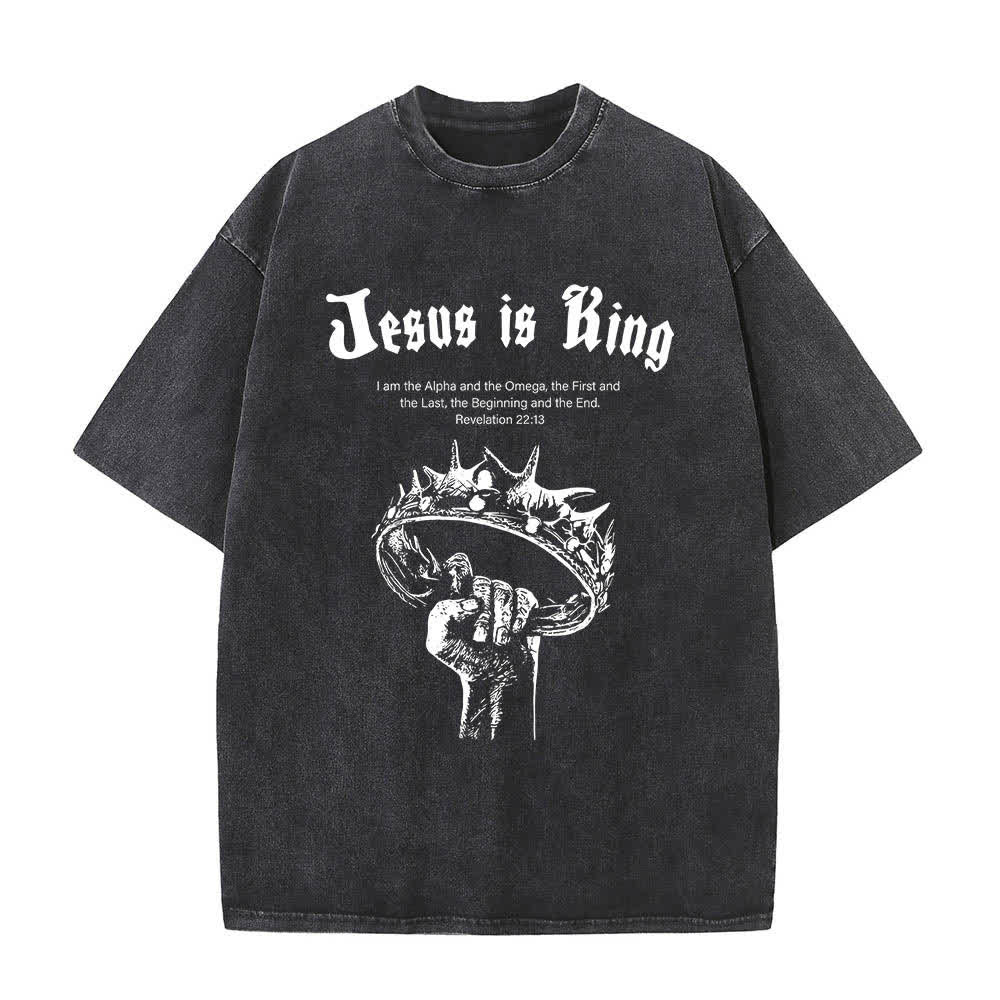 T-shirt délavé Christianartworkshop imprimé recto-verso « Jésus est roi » avec la couronne d'épines et verset biblique - Noir - 5XL - image 4