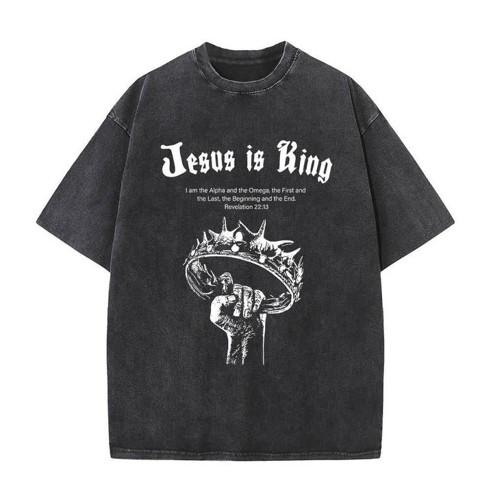 T-shirt délavé Christianartworkshop imprimé recto-verso « Jésus est roi » avec la couronne d'épines et verset biblique - Noir - 5XL - image 4
