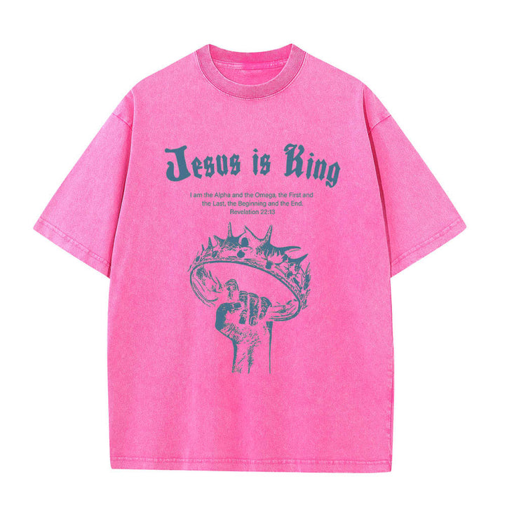 T-shirt délavé Christianartworkshop imprimé recto-verso « Jésus est roi » avec la couronne d'épines et verset biblique - Rose - 5XL - image 7