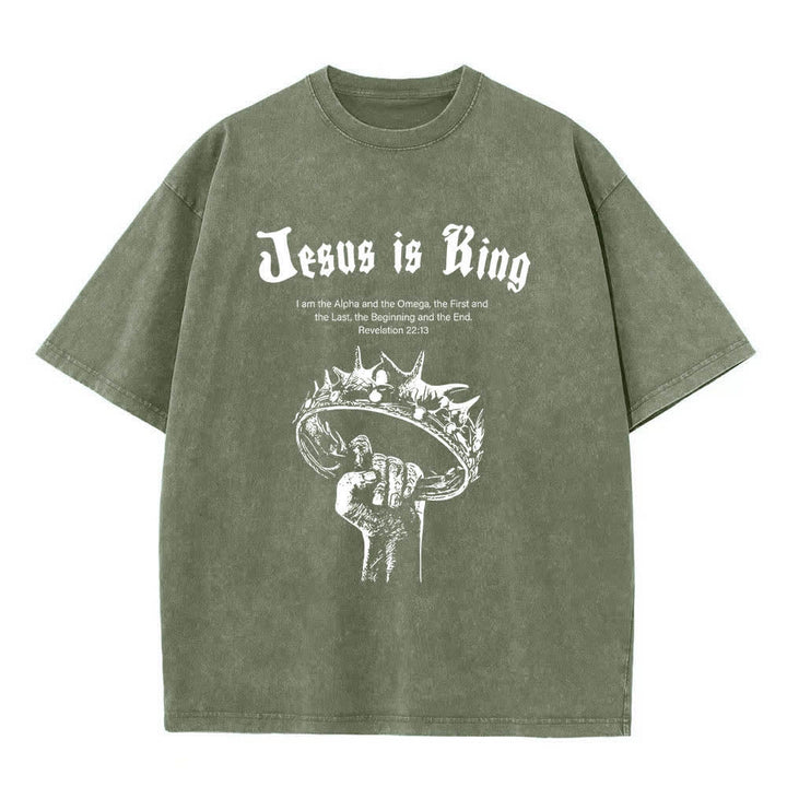 T-shirt délavé Christianartworkshop imprimé recto-verso « Jésus est roi » avec la couronne d'épines et verset biblique - Vert armée - 5XL - image 8