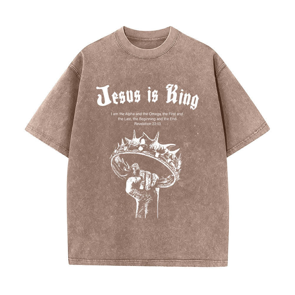 T-shirt délavé Christianartworkshop imprimé recto-verso « Jésus est roi » avec la couronne d'épines et verset biblique - Brun - 5XL - image 1